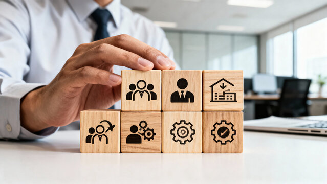 Businessman arranging wooden blocks with corporate icons representing teamwork, management, communication and organizational structure