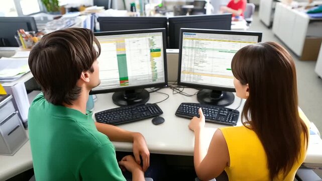 Two colleagues at a shared desk, comparing spreadsheets on their respective monitors, turning to talk, collaborative, typical office clutter, in the style of a realistic office sto