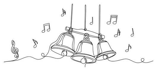 Continuous one line drawing of three ringing bells hanging together with musical notes and melody symbols
