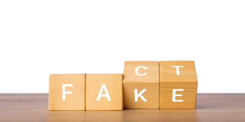 Wooden blocks with fake and fact word for misinformation concept, isolated on transparent background