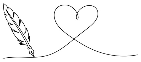 Fototapeta premium Feather quill pen drawing a heart shape in continuous one line art style vector illustration for romantic poetry or love letter