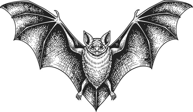 Dark bat silhouette with spread wings and visible fangs on a black background