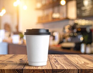 Coffee cup mockup with lid, wood counter background, warm cafe light