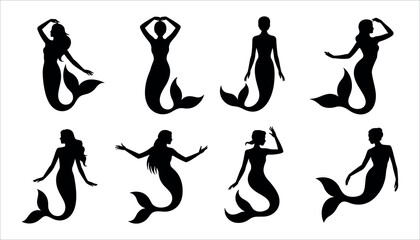 Fototapeta premium Collection of eight black silhouette mermaid figures in various poses white background fantasy