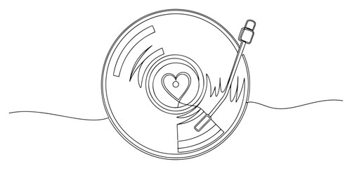 Retro vinyl record player with heart symbol in center continuous one line drawing valentine music concept