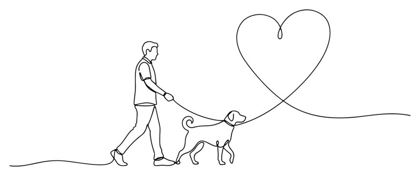 Continuous one line drawing of man walking dog with leash forming heart shape showing pet love