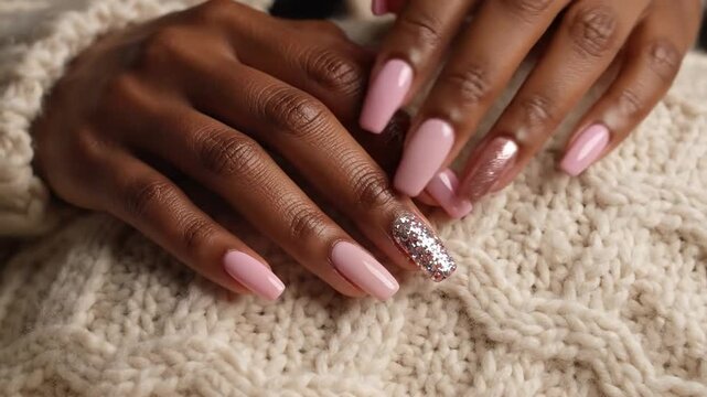 Close up of hand with manicured nails on knitted texture feminine elegance concept beauty and design background