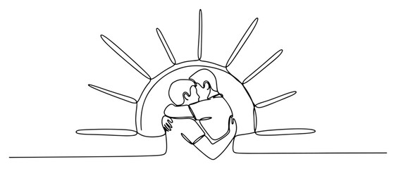 Continuous one line drawing of a romantic couple hugging and kissing against a sunrise background vector illustration for Valentines Day