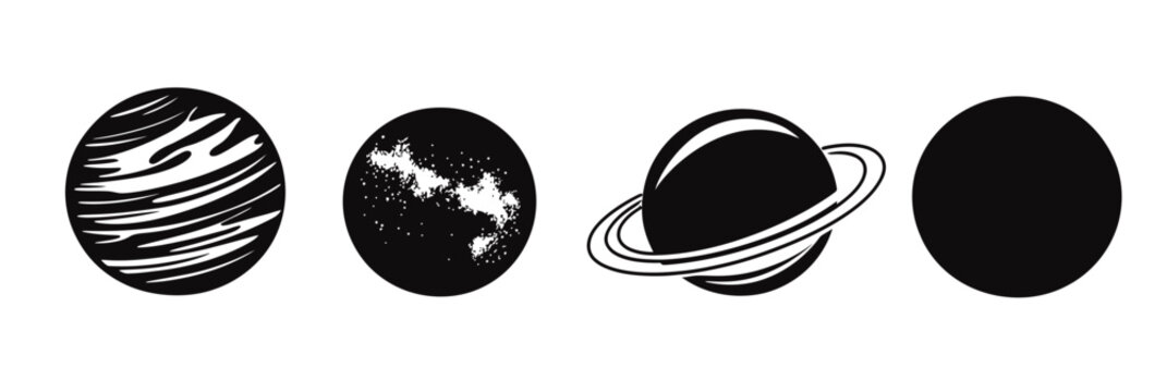 Black silhouette vector set of four planets including striped planet, starry planet, ringed planet, and solid black planet isolated on white background in minimalist flat style