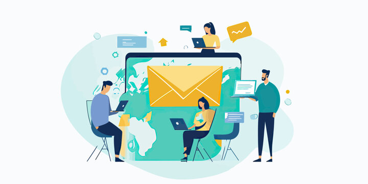 Business team collaborating on digital communication with global email marketing concept and laptop devices in flat minimalist style vector illustration