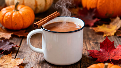 Steaming hot coffee with cinnamon sticks and pumpkins on rustic wooden table, warm cozy autumn drink scene  