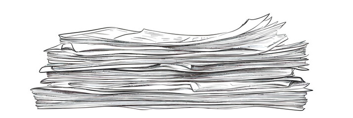 Stack of newspapers line drawing illustration with multiple sheets piled up in minimalist black and white vector sketch style for media concept design