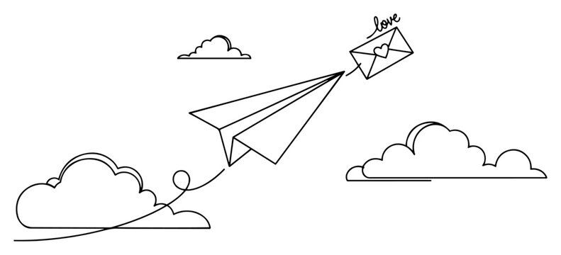 Paper airplane pulling love letter envelope in clouds continuous one line drawing romantic valentine vector
