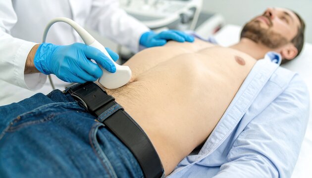 man during abdomen ultrasound examination at doctor's office