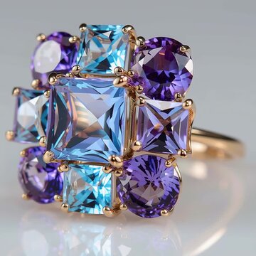 Stunning gemstone ring glittering with vibrant blue and purple stones on gold band