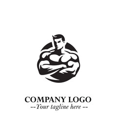 Man With Muscle Logo Symbol in Black on White Background for Strong Bold Fitness Branding Design Art