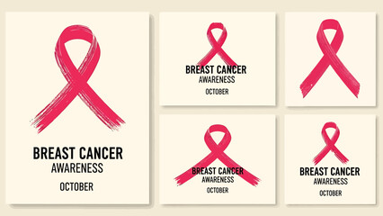 Collection of pink breast cancer awareness ribbons with text, promoting October campaigns and support.
