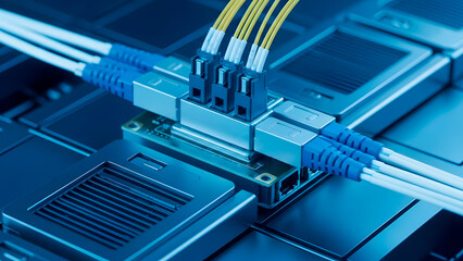 Optic fiber cables connected to a server module for high-speed data transmission. Digital network and internet technology for modern communication.