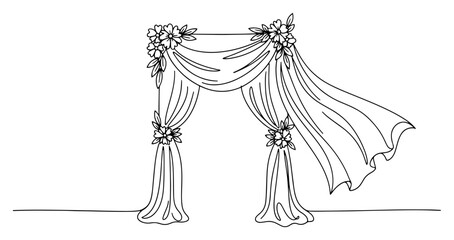 Wedding ceremony arch with floral decoration and drapes continuous one line drawing vector illustration