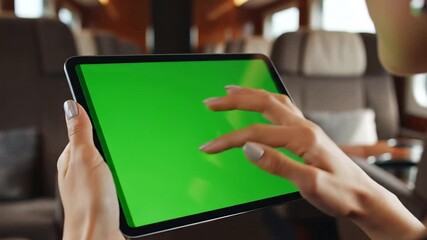 Closeup of a persons hands holding and interacting with a tablet featuring a vibrant green screen for customizable content set against the luxurious and blurred backdrop of a private jet cabin highli.