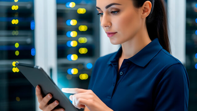 Woman holding tablet and touching screen, operating network server. IT professional performing data center maintenance and system administration. Technology concept.