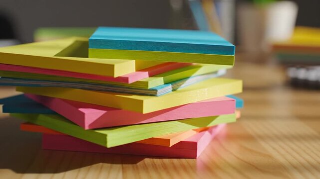 Close up of multicolored sticky notes stacked on a wooden surface with a shallow depth of field