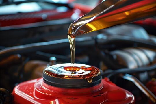 Fresh motor oil pouring into car engine during regular maintenance service in auto repair shop