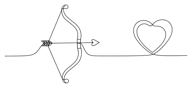 Continuous one line drawing of Cupids bow and arrow aiming at a heart symbol minimalist vector illustration for Valentines Day