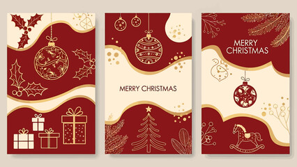 Three elegant Christmas card designs in red and cream, featuring golden outline illustrations of festive ornaments, holly, gifts, and "Merry Christmas" text.
