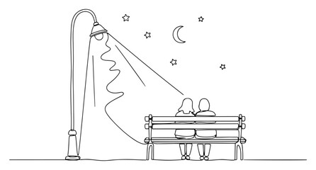 Fototapeta premium Continuous one line drawing of romantic couple sitting on bench under street lamp at night with moon and stars