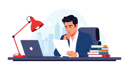 Fototapeta premium A focused businessman in a suit reviews documents at his desk with a laptop and books.