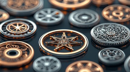 Close-up of various ornate wheels with intricate designs and metallic finishes, arranged on a dark reflective surface. The wheels are in focus with a shallow de