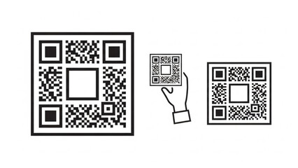 Visual representation of quick response codes in varying sizes and a hand holding a small qr code for scanning purposes