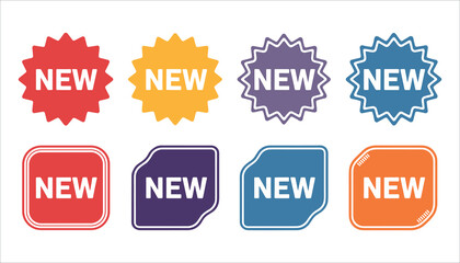 Collection of eight colorful new product announcement badges and labels sticker