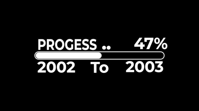 A person in a dark suit touches a progress bar with percentage 0 to 100 on a black background, showing progress from 2002 to 2003.