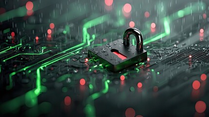 A padlock sits on a circuit board with rain, representing data security and protection in a digital environment. The image conveys a sense of vulnerability and