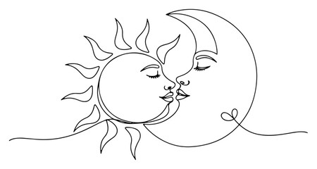 Continuous one line drawing of sun and moon kissing face to face symbolizing eternal celestial romance