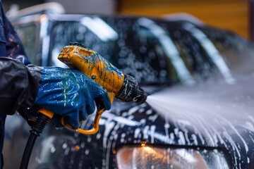 Car wash worker wearing protective gloves is using a high pressure washer with soap foam to clean a vehicle at a car wash service