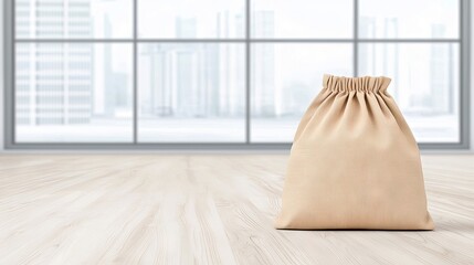 A beige drawstring bag stands on a wooden floor in front of a large window, with a blurred cityscape visible in the background. The scene is indoors with soft l