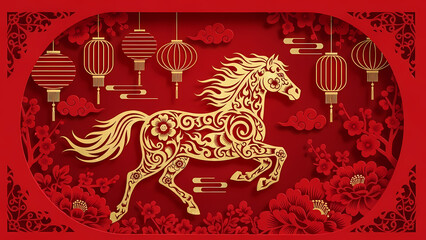 Chinese New Year 2026 Background, stylized fire horse silhouette in shimmering gold, surrounded by red floral patterns
