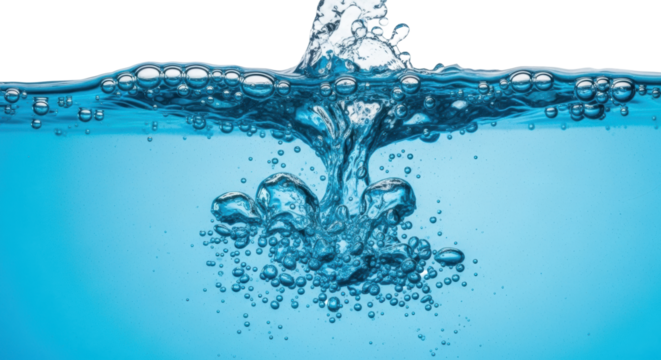 Ultra-macro shot of dynamic, azure blue water surface with effervescent bubbles, crisp splashes, and glistening droplets on a transparent background, concept of liquid purity
