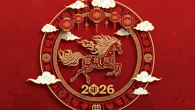 round emblem featuring fire horse in gold line art, Chinese New Year 2026 medallion design - Powered by Adobe