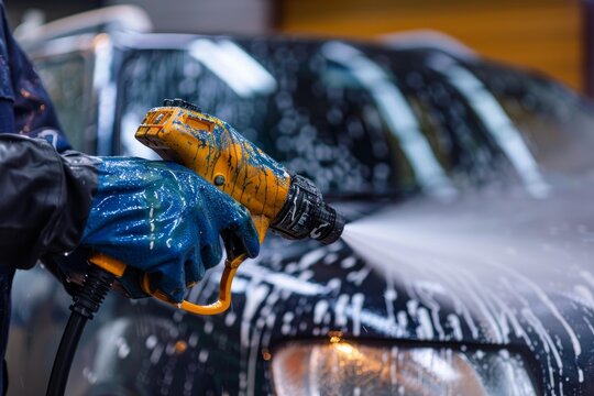 Fototapeta Car wash worker wearing protective gloves is using a high pressure washer with soap foam to clean a vehicle at a car wash service