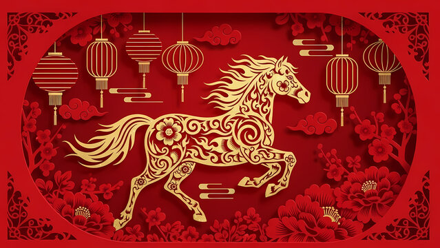 Chinese New Year 2026 Background, stylized fire horse silhouette in shimmering gold, surrounded by red floral patterns