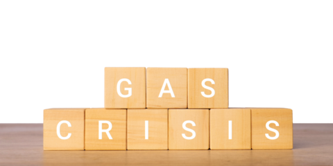 Wooden blocks with gas crisis text for energy shortage concept, isolated on transparent background