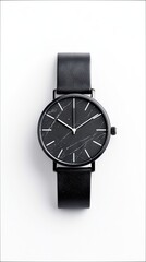 A close-up studio shot of a black wristwatch with a marble-like face and leather strap, isolated on a white background.