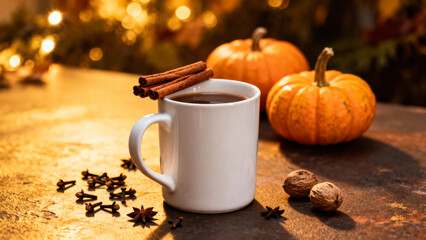Autumn coffee mug with cinnamon sticks, pumpkins and fall leaves creating warm seasonal cozy atmosphere 