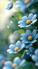 Close-up of vibrant blue daisies with yellow centers, set against a soft, blurred green background, creating a dreamy, bokeh effect.