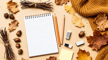 Autumn workspace with blank notepad, pencils and stationery on warm background with fall leaves and cozy seasonal atmosphere  