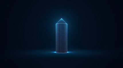 Futuristic glowing building made of digital code on dark blue background